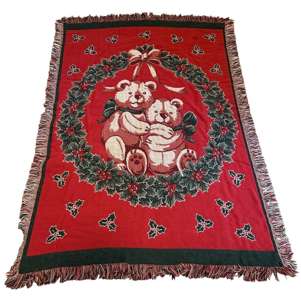 Vintage Christmas Bear Tapestry Blanket 43x64 Cotton Holiday Throw
